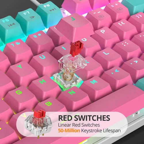 Vista 3 de Teclado RGB rosa para juegos, teclado mecánico con cable de 104 teclas con teclado numérico, interruptor rojo lineal NKRO, tamaño completo