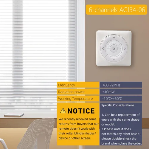 Vista 2 de AC134-06 Control remoto inalámbrico de pared RF - Transmisor de repuesto de 6 canales para sombra individual, sala de grupo y control de sombra