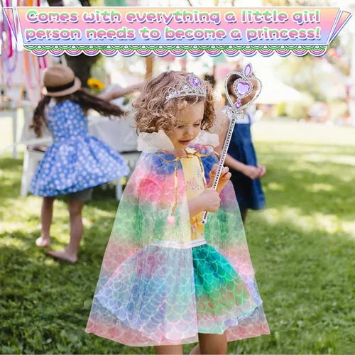 Vista 4 de BesJonie Ropa de vestir de princesa, conjunto de falda de capa para niñas pequeñas, juego de simulación, vestido de princesa, capa, joyería, tiara