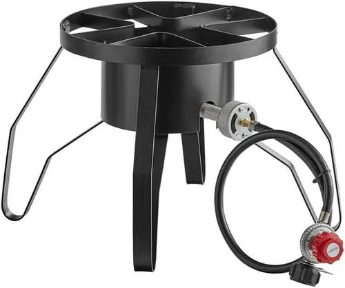 Vista 9 de Estufa de gas de campamento, estufa de patio al aire libre, quemador doble de acero resistente con protector de manguera y estantes laterales, rango