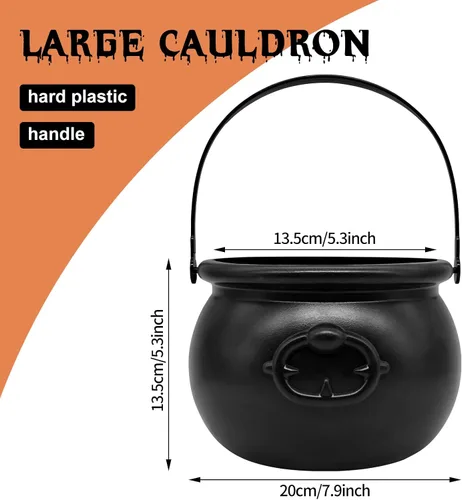 Vista 2 de SpinLaLa Caldero de plástico negro de 8 pulgadas, cuenco para dulces de Halloween, cubo grande de caldero de bruja para decoraciones de Halloween