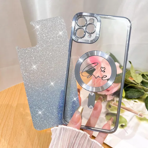 Vista 3 de Fiyart Funda compatible con iPhone 11 Pro Max, compatible con MagSafe Love con protección de cámara chapada en corazón, purpurina magnética