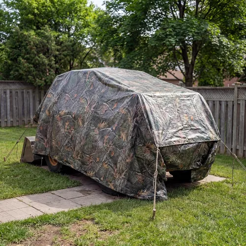 Vista 5 de Lona Resistente de Servicio Pesado de 11 Mil, Cubierta de Lona Impermeable Resistente a los Rayos UV Utilizada para Exteriores, Caza, Camping