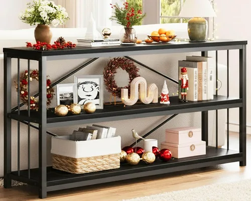 Vista 30 de LVB Mesa consola industrial, mesa de sofá de metal y madera, mesa de entrada rústica con almacenamiento, moderno estante de 3 niveles mesa larga