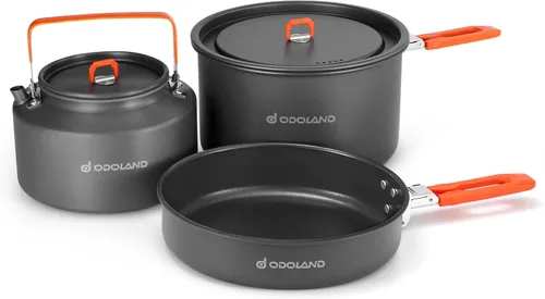 Odoland Kit de utensilios de cocina para camping, sartén y hervidor de agua de 1.1 L, juego de utensilios de cocina portátiles con bolsa de malla