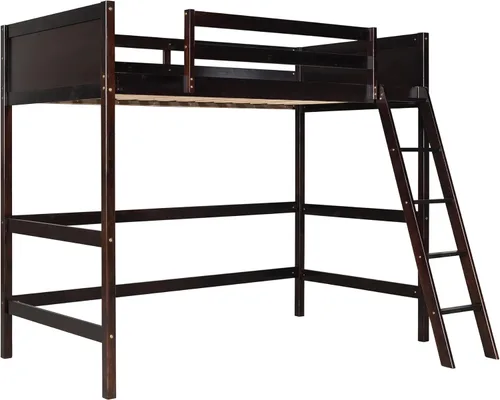 Vista 7 de ODC Cama alta individual con escalera angular, cama alta de madera maciza con barandilla de seguridad para adolescentes y adultos, cama alta
