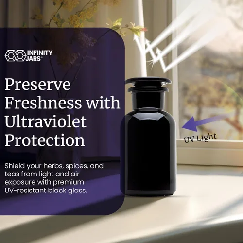 Vista 3 de Infinity Jars 50 ml (1.69 fl oz) Tarro de vidrio negro con bloqueo ultravioleta, hermético, a prueba de olores, recargable, para hierbas, especias