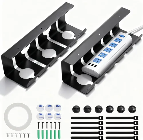 Bandeja de organización de cables debajo del escritorio, 16.5 pulgadas de largo x 4.7 pulgadas de ancho x 4.3 pulgadas de alto, paquete de 2 Negro