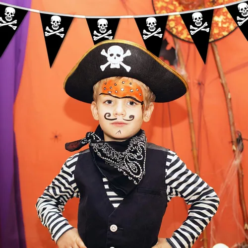Vista 7 de MARFOREVER Cartel de pirata de 52.5 pies, decoraciones de fiesta pirata, pancarta de cumpleaños de Halloween, guirnalda triangular, banderines