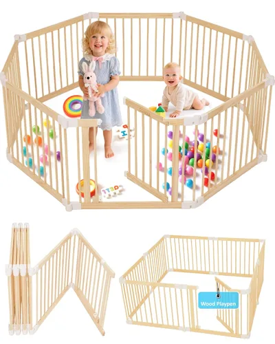 Corralito plegable de madera para bebés, corral grande para bebés, 2 en 1, ayudante para nuevas mamás, cerca portátil, puerta de madera ajustable de