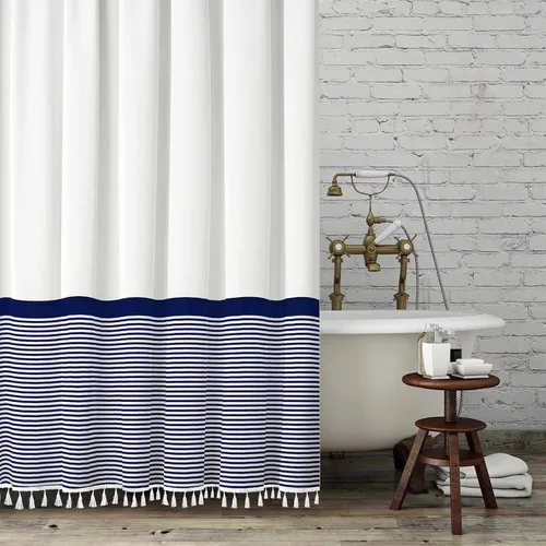 Vista 9 de Cortina de ducha gris Seasonwood Moderna de tela con borlas blancas, cortinas de ducha estilo casa de campo a rayas, impermeable, 72x72 pulgadas