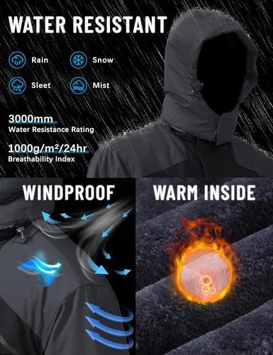 Vista 2 de TACVASEN - Chaquetas de esquí de invierno para hombre, abrigos de vellón impermeables con aislamiento térmico para snowboard, parka con capucha