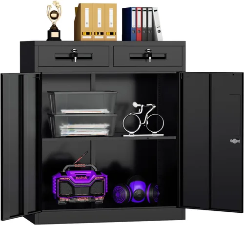 Superday Armario de almacenamiento con cerradura con 2 cajones, armario de almacenamiento de metal de 36 pulgadas con puertas de bloqueo y estantes
