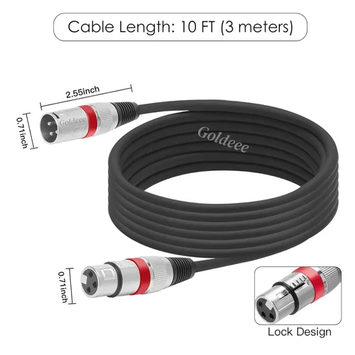 Vista 4 de Goldeee Paquete de 3 cables de micrófono XLR de 10 pies, XLR equilibrados de 3 pines macho a hembra para micrófonos, mezcladores de audio, sistemas