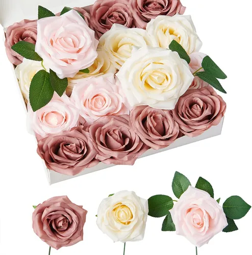 Vista 11 de Rosas artificiales, rosas artificiales, rosa falsa de seda, flores falsas de aspecto real con tallos para ramos de boda, mesas, centros de mesa