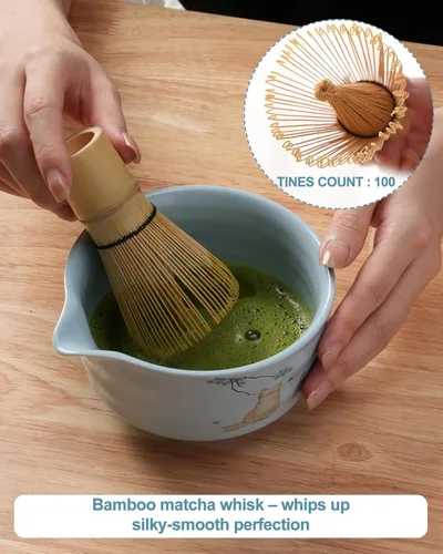 Vista 4 de Juego de batidor matcha, juego de kit matcha japonés de 7 piezas con cuenco matcha (chawan), batidor matcha y soporte, cuchara de bambú