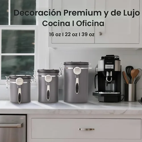 Vista 7 de Veken - Recipiente hermético para café de acero inoxidable, contenedor de almacenamiento de alimentos para la cocina con registro de fecha y cuchara
