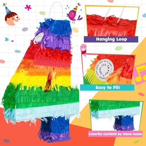 Vista 5 de Sratte Piñata de números arcoíris, piñata multicolor, pequeña fiesta de cumpleaños con palo y confeti para cumpleaños, aniversario, fiesta de Cinco