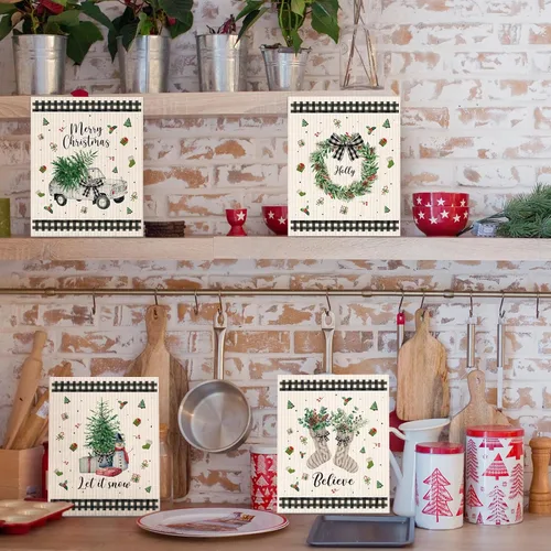 Vista 7 de Yinder 6 Piezas Paños de Cocina Suecos de Navidad para Mesa Paños de Platos Reutilizables de Navidad Paños de Limpieza Absorbentes de Secado Rápido