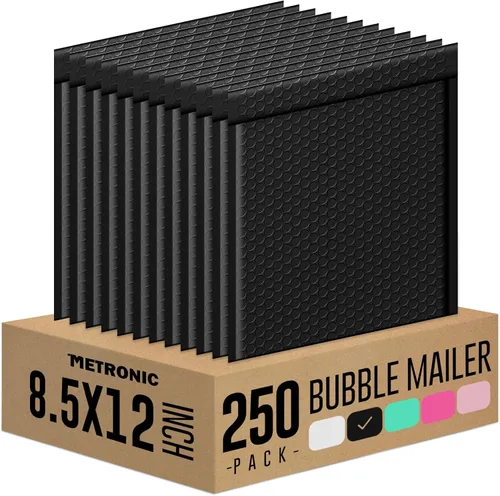 Metronic Sobres de burbujas de 8.5 x 12 pulgadas, paquete de 250 sobres de burbujas negros, impermeables, gruesos, sobres acolchados de burbujas
