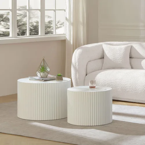 Vista 3 de Juego de 2 mesas auxiliares redondas anidables para sala de estar, mesa auxiliar moderna con acabado de MDF, mesa auxiliar circular de 2 piezas