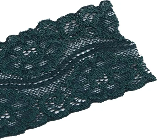 Vista 3 de Cinta de encaje elástica con patrón ovalado vintage de 2 pulgadas de ancho, 10 yardas de ancho, cinta de encaje verde oscuro, cómoda para ropa