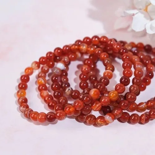 Vista 3 de SofiaCreations Handmade Red Banded Agate Crystal Beaded Bracelet, Natural Carnelian Gemstone Crystal 8mm Round Beads Stretchy Bracelet, Healing
