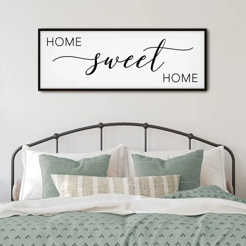 Letrero decorativo de pared con texto en inglés «Home Sweet Home», lienzo enmarcado sobre la cama de 42 x 15 pulgadas para decoración estética y