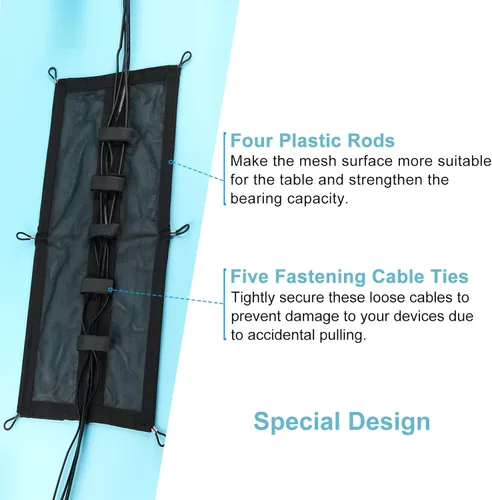 Vista 3 de ENUODA Red de gestión de cables debajo del escritorio, administrador de cables de malla negra, flexible debajo del escritorio, red de gestión