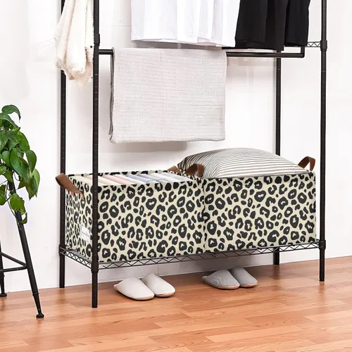Vista 8 de Leopard Pattern Cream Black Storage Baskets Storage Cubes Organizer with Handles Books Towels and Clothes for Shelves Closet Books cajas