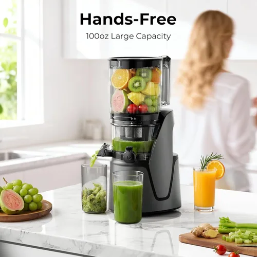Vista 18 de Máquinas Exprimidoras, Extractor de Jugos de Prensa Fría 3 en 1 con Conducto Extra Grande de 6.5", Gran Capacidad de 100oz, Motor AC, Hace Jugo