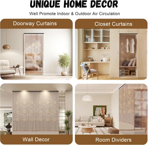 Vista 6 de DouSeiAi Cortina divisora de habitación con cuentas de madera natural y bambú, 32 hebras, decoración de puerta colgante para dormitorio, porche