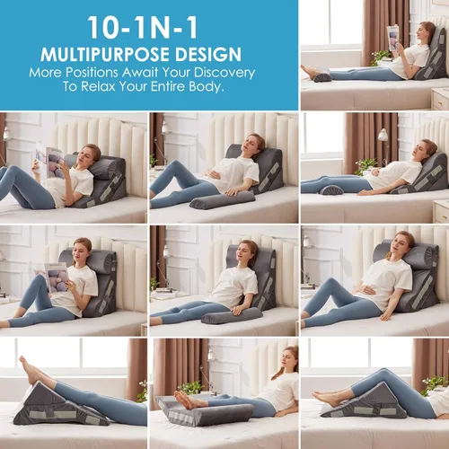 Vista 2 de MEGCXIT Juego de 3 almohadas de cuña para cabecero, almohada de cuña ajustable para apnea del sueño, juego de cuña triangular de 23 pulgadas de Gris