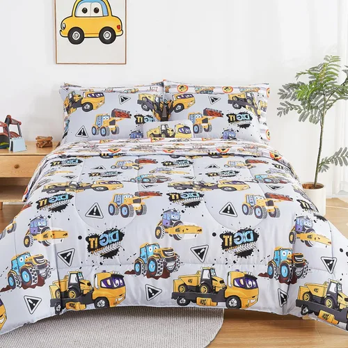 Vista 8 de Mooreeke Juego de edredón tamaño Twin para niños de 6 piezas, juego de ropa de cama azul camión para adolescentes, ropa de cama de microfibra suave