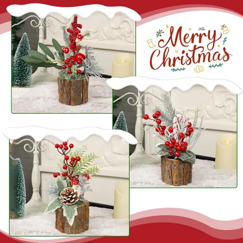 Vista 4 de Lulu Home 3 paquetes de decoraciones de mesa de Navidad, centros de mesa de mini árboles de Navidad artificiales con bayas rojas y piñas