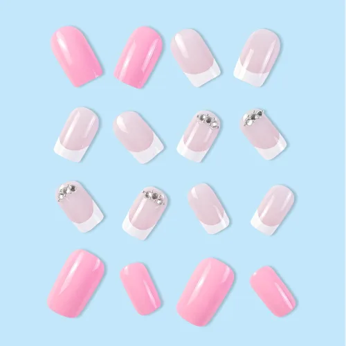 Vista 4 de Uñas postizas a presión medianas con pegamento para uñas, punta francesa, diseño de diamantes de imitación brillantes, cuadradas, uñas acrílicas