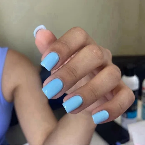 Uñas postizas cortas a presión color azul bebé, cuadradas, cortas, pegamento en uñas cuadradas cortas, uñas postizas cortas a presión, pegamento de