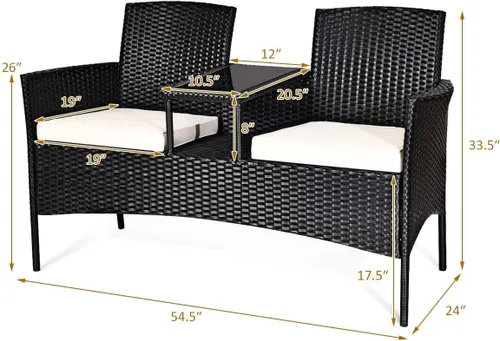 Vista 2 de Sofá biplaza para exteriores, silla de 2 asientos con mesa, cojines, mesa de vidrio templado, juego de muebles de conversación de mimbre para patio