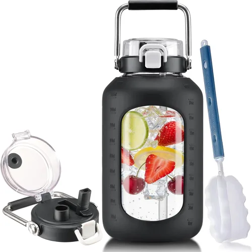 Vista 9 de BLUEGO Botella de agua de vidrio de 64 onzas con mango de acero inoxidable, botella de agua grande con marcadores de tiempo y funda de silicona