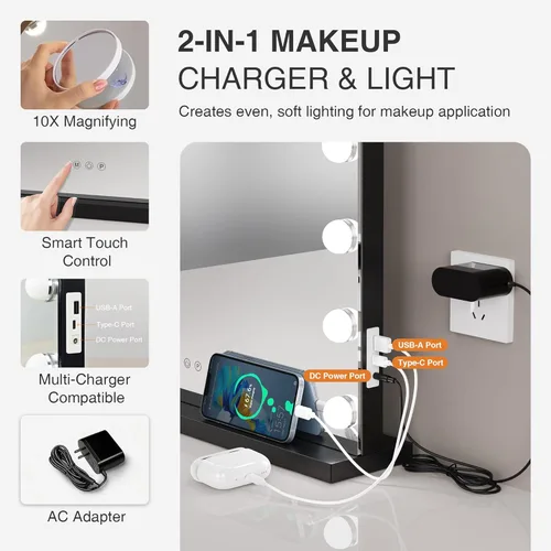 Vista 5 de Espejo de maquillaje con luces, espejo de tocador Hollywood con 3 modos de color, espejo de tocador iluminado con bombillas LED regulables y aumento