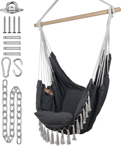 KOMOREBI Silla hamaca – Gris – 60 x 47 pulgadas – Columpio de cuerda colgante para interiores y exteriores – Lona de algodón suave y duradera – 2