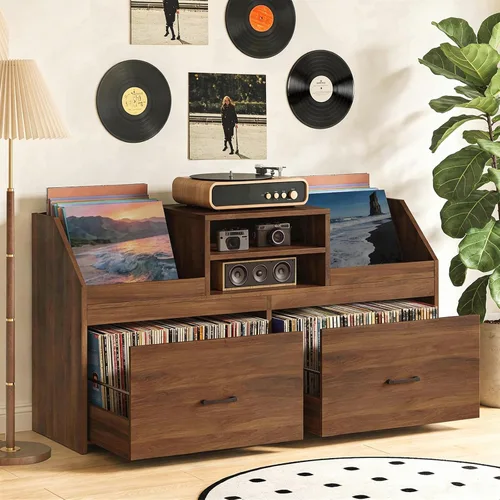 Soporte grande para tocadiscos con estación de carga y 2 cajones deslizantes, armario de almacenamiento de discos con almacenamiento de vinilo con