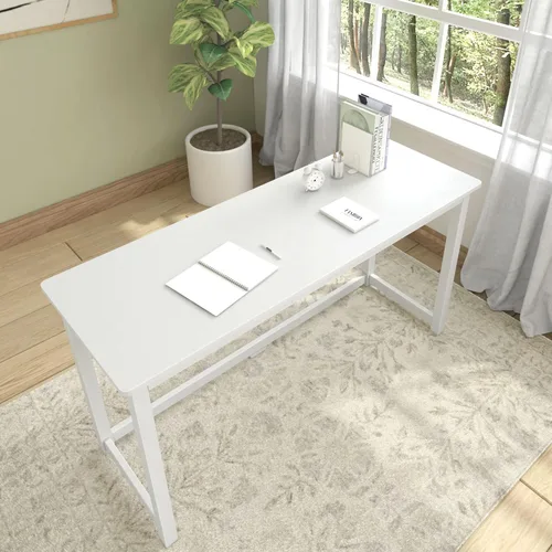 Vista 6 de Plank+Beam Escritorio de madera maciza, escritorio simple para dormitorio, escritorio de estudio de oficina en casa, 55.25 pulgadas, blanco