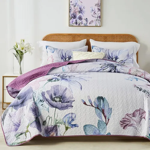 Vista 8 de Yogeneg Juego de edredón de tamaño matrimonial, juego de ropa de cama de 3 piezas con patrón botánico de mariposa blanca y gris rubor, colcha