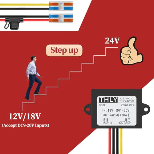 Vista 2 de Convertidor Vonverter de 12 V CC a 24 V CC 5 A 120 W, 12 a 24 V convertidor elevador con fusible impermeable y bloque de terminales de cable