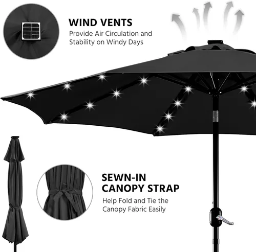 Vista 4 de Yaheetech Sombrilla solar de 9 pies para patio, sombrilla de mercado para mesa al aire libre con 8 varillas y 32 luces LED, inclinación, manivela