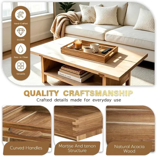 Vista 3 de MAONAME Bandeja de madera de acacia con asas, bandeja de madera grande de 15 x 10 pulgadas, bandeja rectangular decorativa para sala de estar