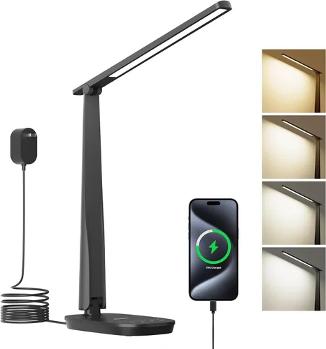 Vista 8 de Honeywell Lámpara de escritorio LED para oficina en casa, luz de cuidado de los ojos con 4 modos de color y control táctil, puertos de carga USB