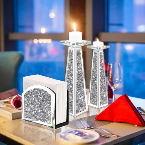 Vista 2 de Wocred Servilletero de espejo, soporte vertical de diamante triturado de cristal, bonito soporte de servilleta de espejo de vidrio para mostrador