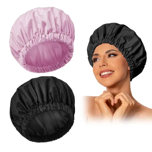Vista 23 de Gorro de ducha reutilizable para mujer, grande, impermeable, lavable, banda elástica, accesorios de baño, sombrero para cabello largo, trenzas Beige